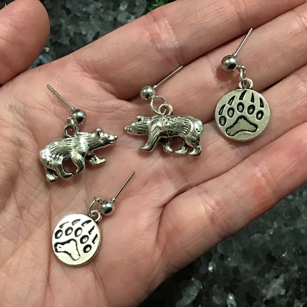 925 silver bears paw prints 2 sets earrings studs